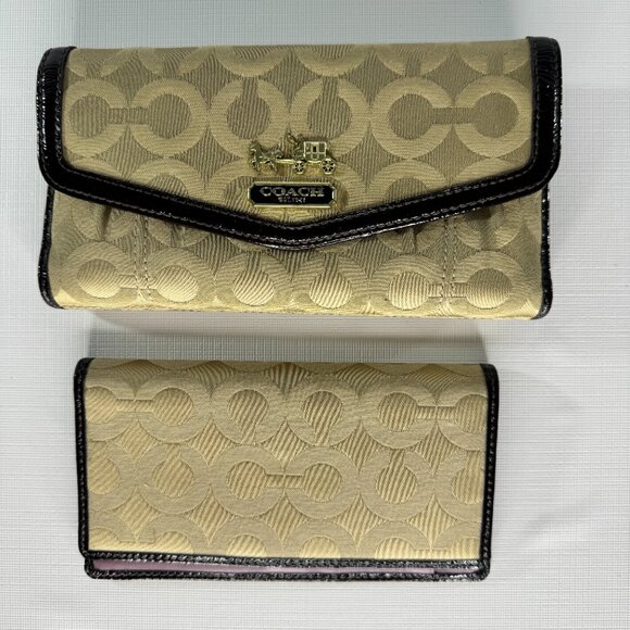 VINTAGE Coach Madison Op Art Checkbook Wallet | Khaki Brown Canvas Patent Leathe - Picture 8 of 14